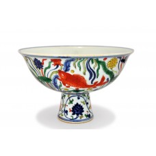 1488 A Wucai stem cup with fishes and lotus